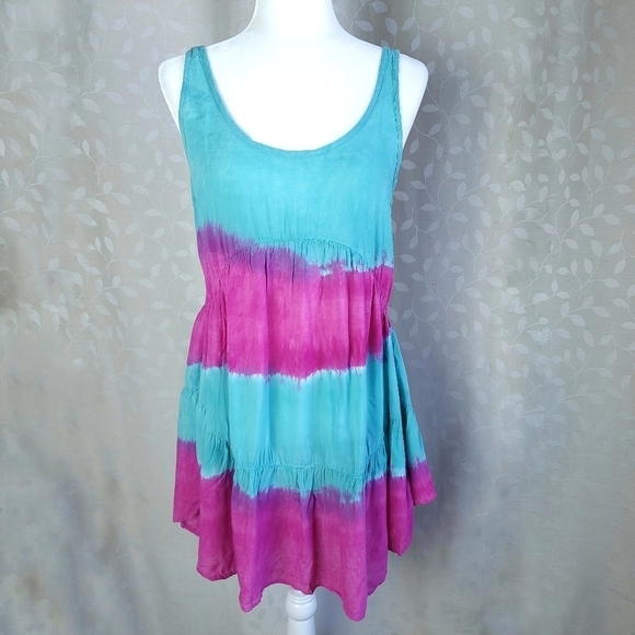 Blu Moon Revolve Tie Dye Mini Dress XS Teal Magenta Rayon Boho Festival - Picture 2 of 14